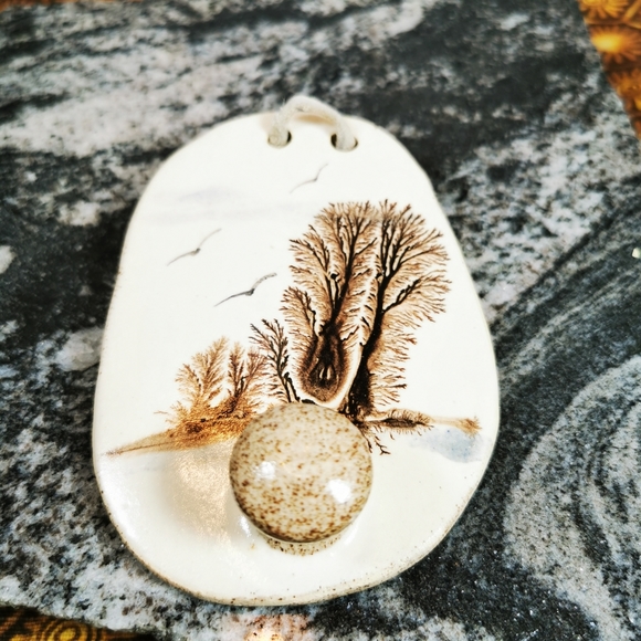 Vintage Irregular Oval Art Pottery Wall Hook with Trees and Birds in Flight - Picture 10 of 13